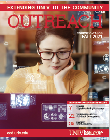 Fall 2021 catalog cover with young woman behind a laptop computer