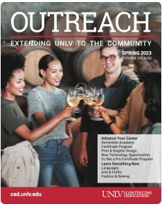 OLLI At UNLV Spring 2023 Catalog cover with with students enjoying wine