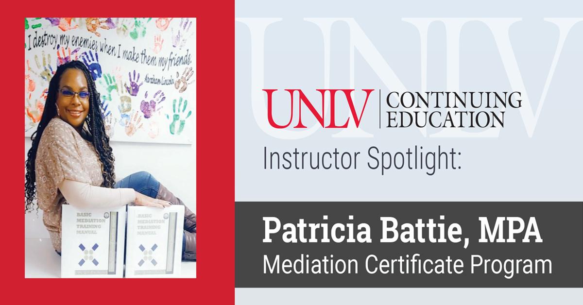 Patricia Battie Mediation Certificate Program instructor smiling on desk with course materials