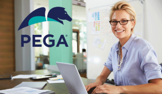 Woman witting with a laptop with PEGA logo superimposed