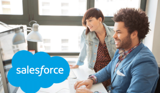 man and woman at a computer with a salesforce logo superimposed 