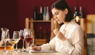 woman with wine glasses smelling a cork