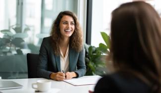 Human Resource professional behind desk talking to employee